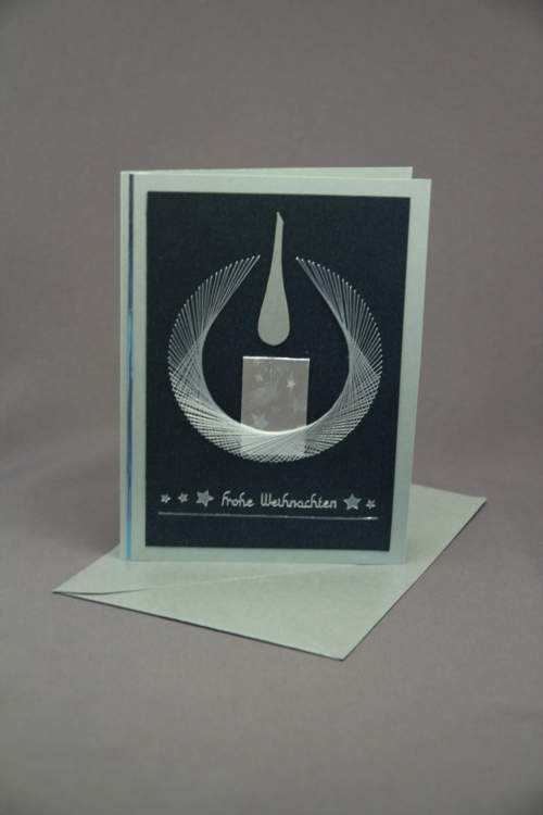 Weihnachtskarte Kerze gestickt silber