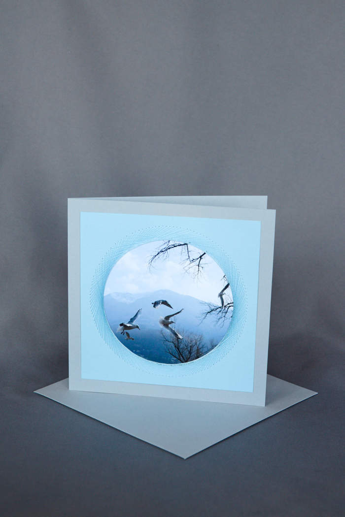 Fliegende Möven am See auf hellblauer Trauerkarte